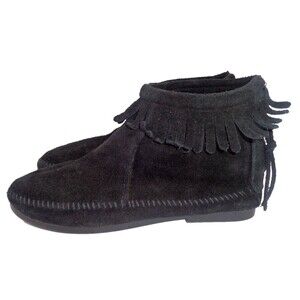 Minnetonka Womens Ankle Boots Moccasins Sz 7 Fringe Lace Up Black